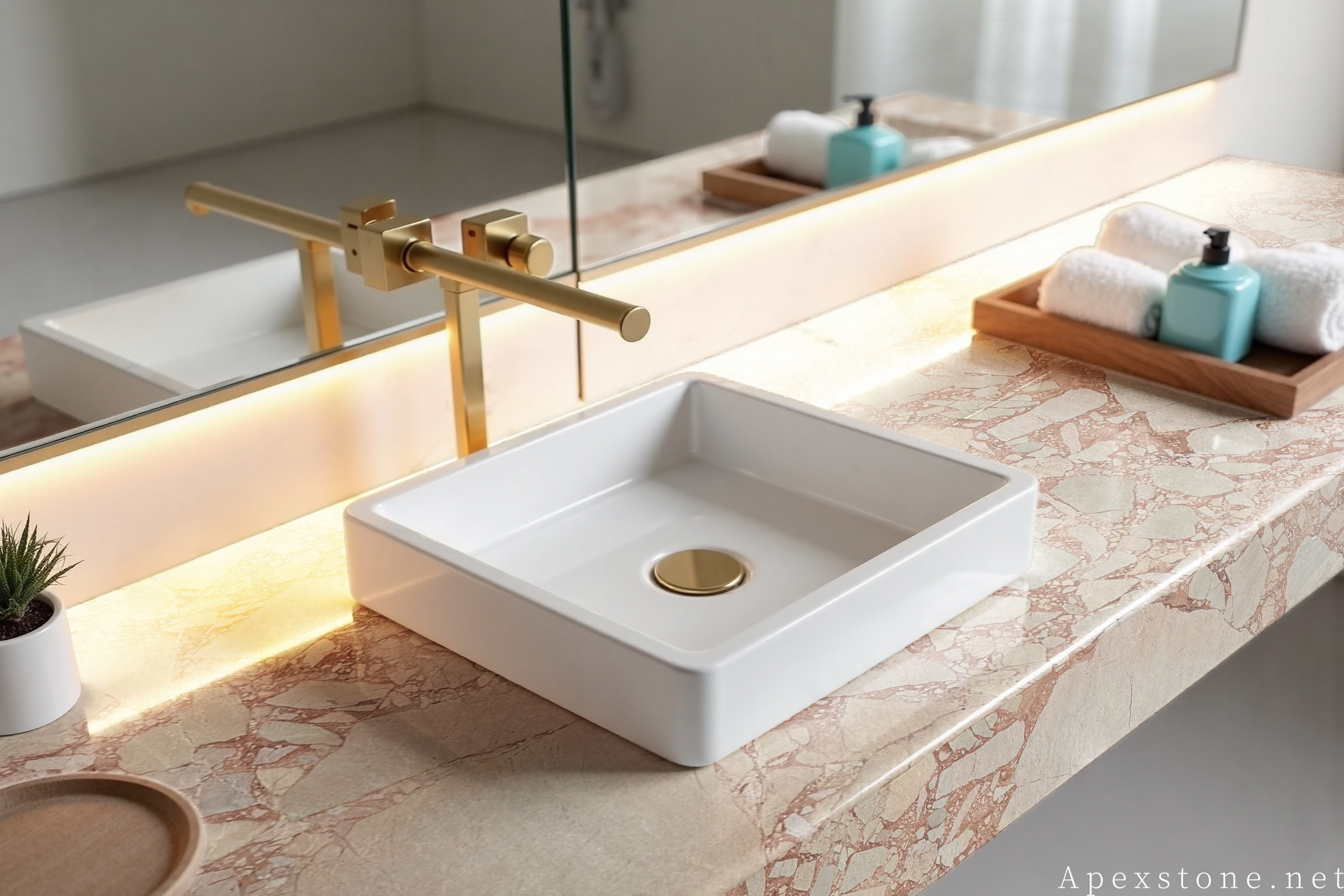 Bulgari Pink Marble - bathroom Bulgari Pink marble with a soft rose-white base, cherry-blossom pink veining and fine gold threads