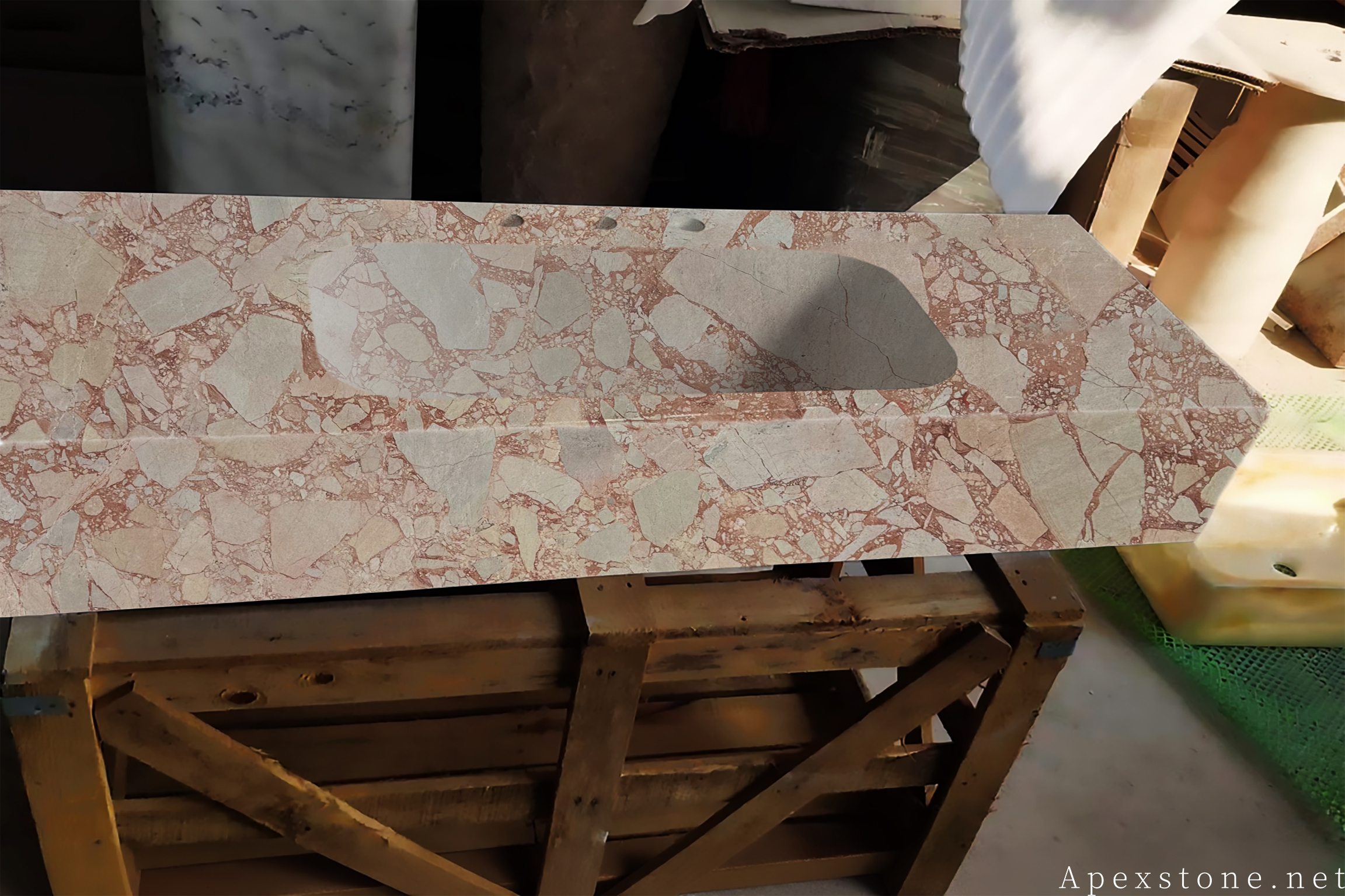 Bulgari Pink Marble - solid sinks Bulgari Pink marble with a soft rose-white base, cherry-blossom pink veining and fine gold threads