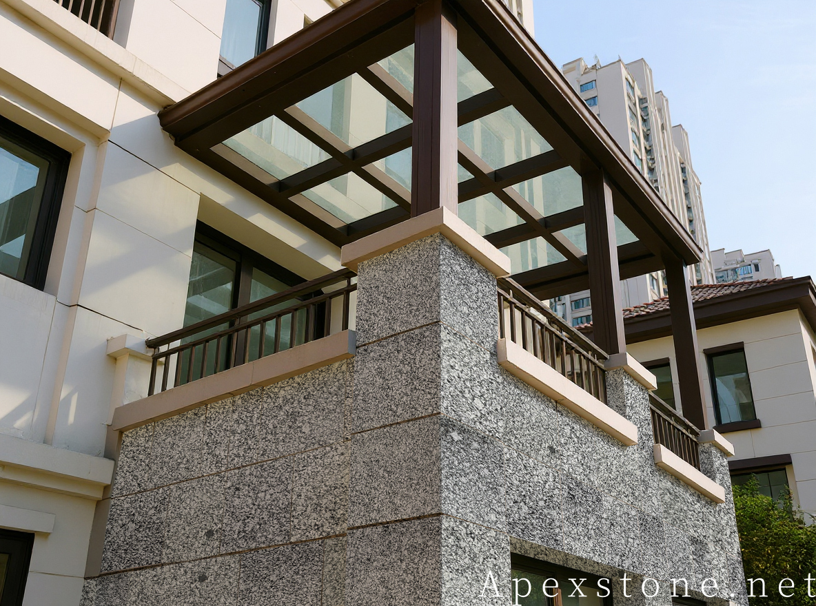 Villa facade with Sea Wave granite columns and balcony cladding