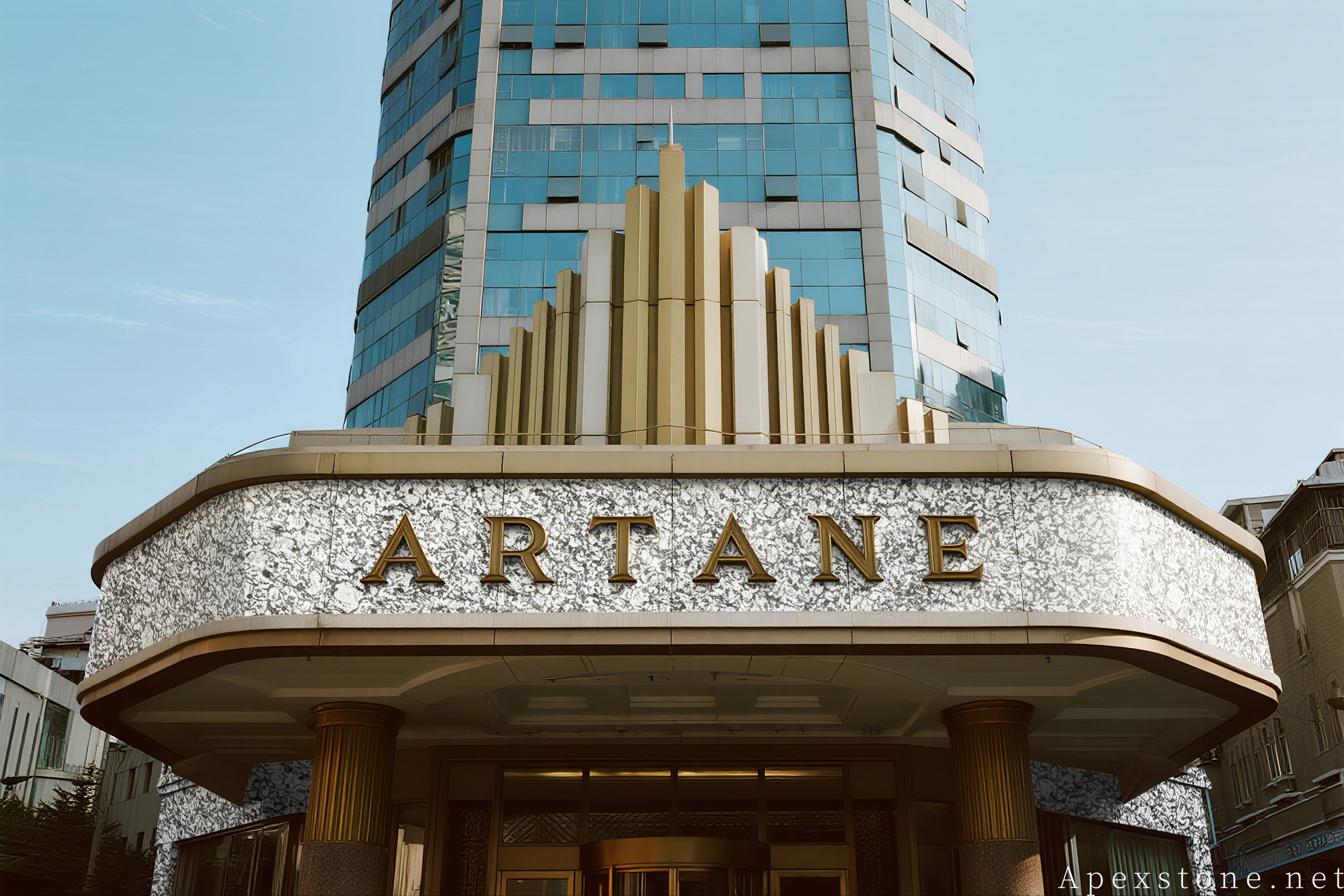 Sea Wave granite canopy and facade at a commercial entrance