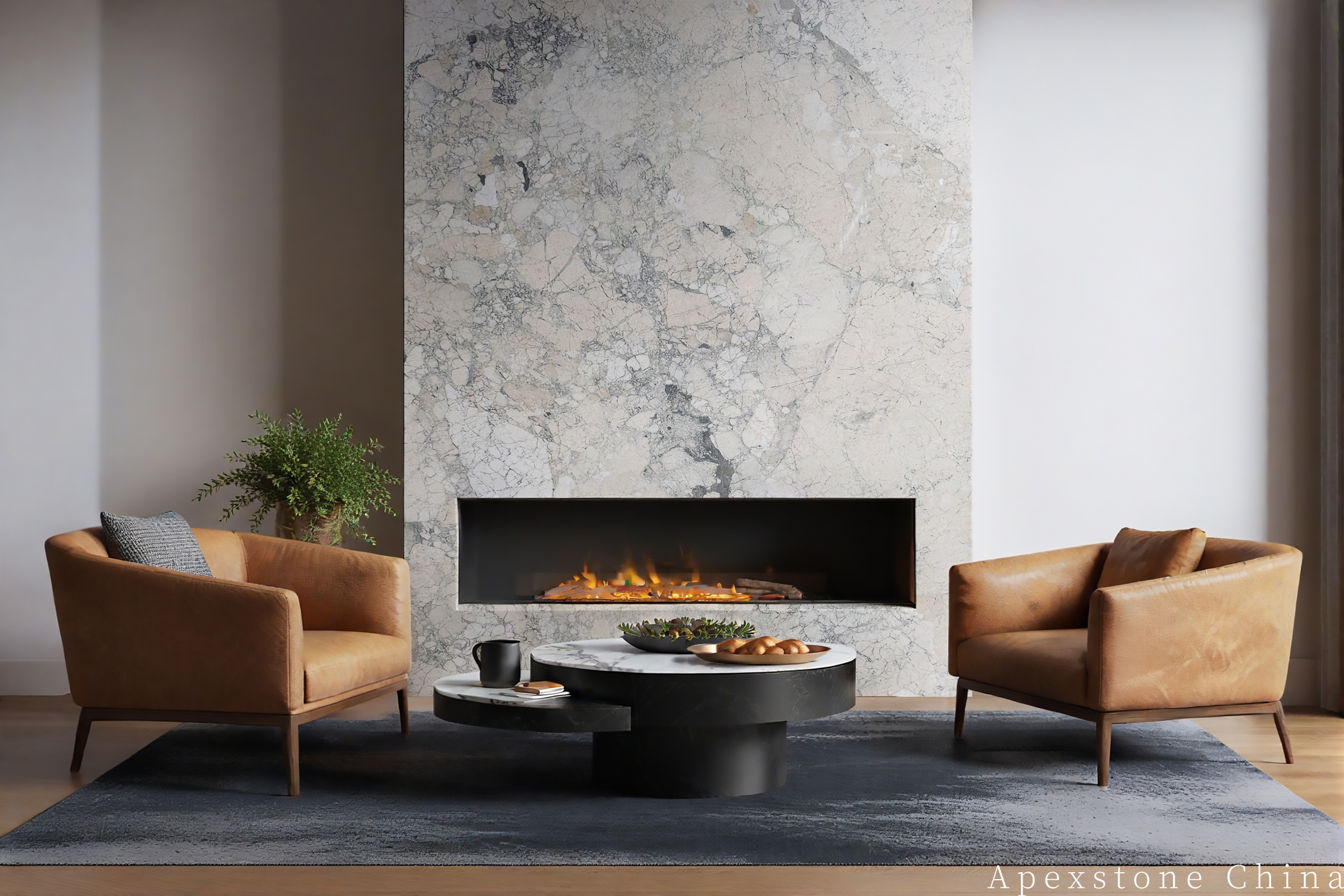 Monet Impression marble accent wall behind a sofa in a warm living room