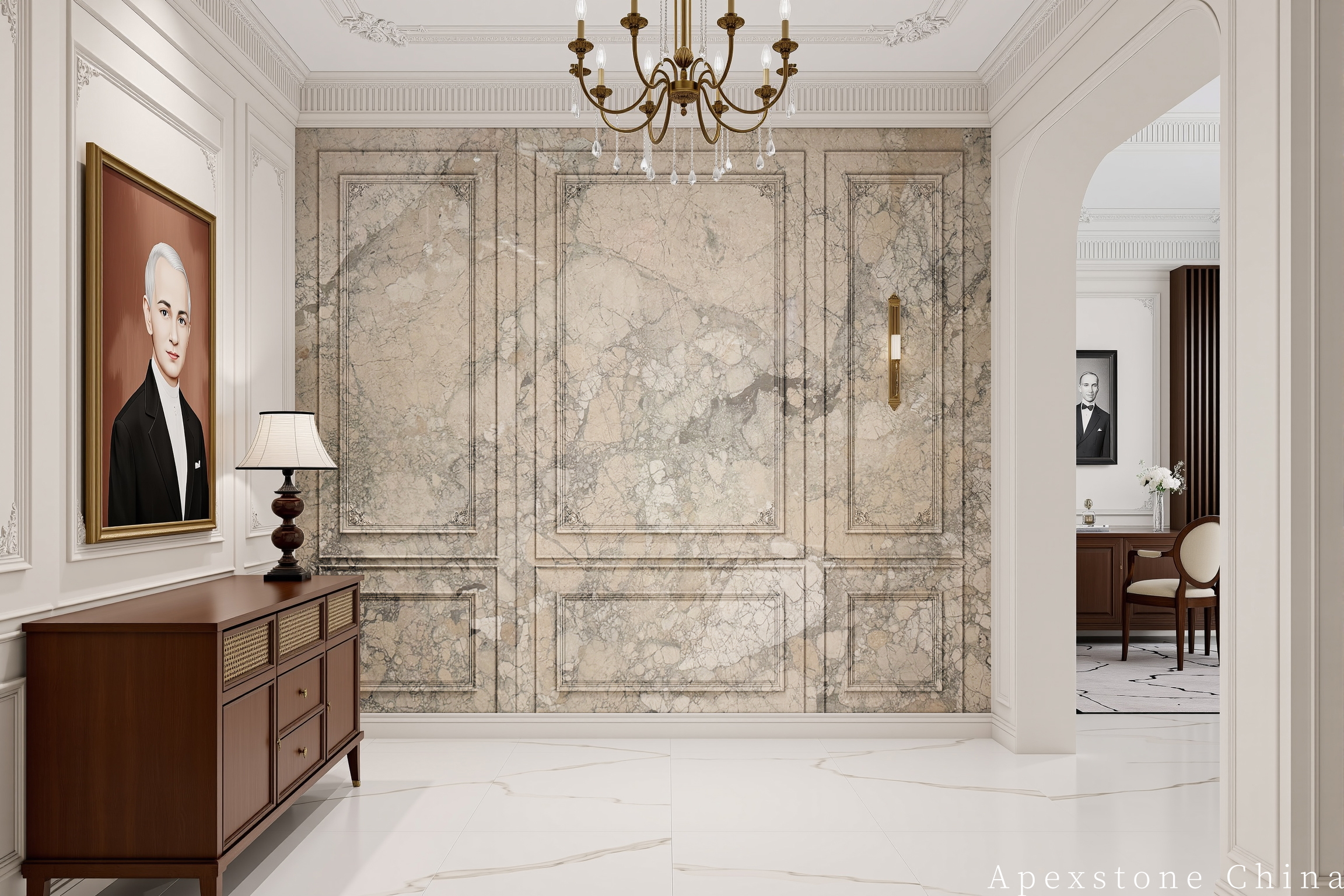 Monet Impression marble entryway with console table in a cream interior