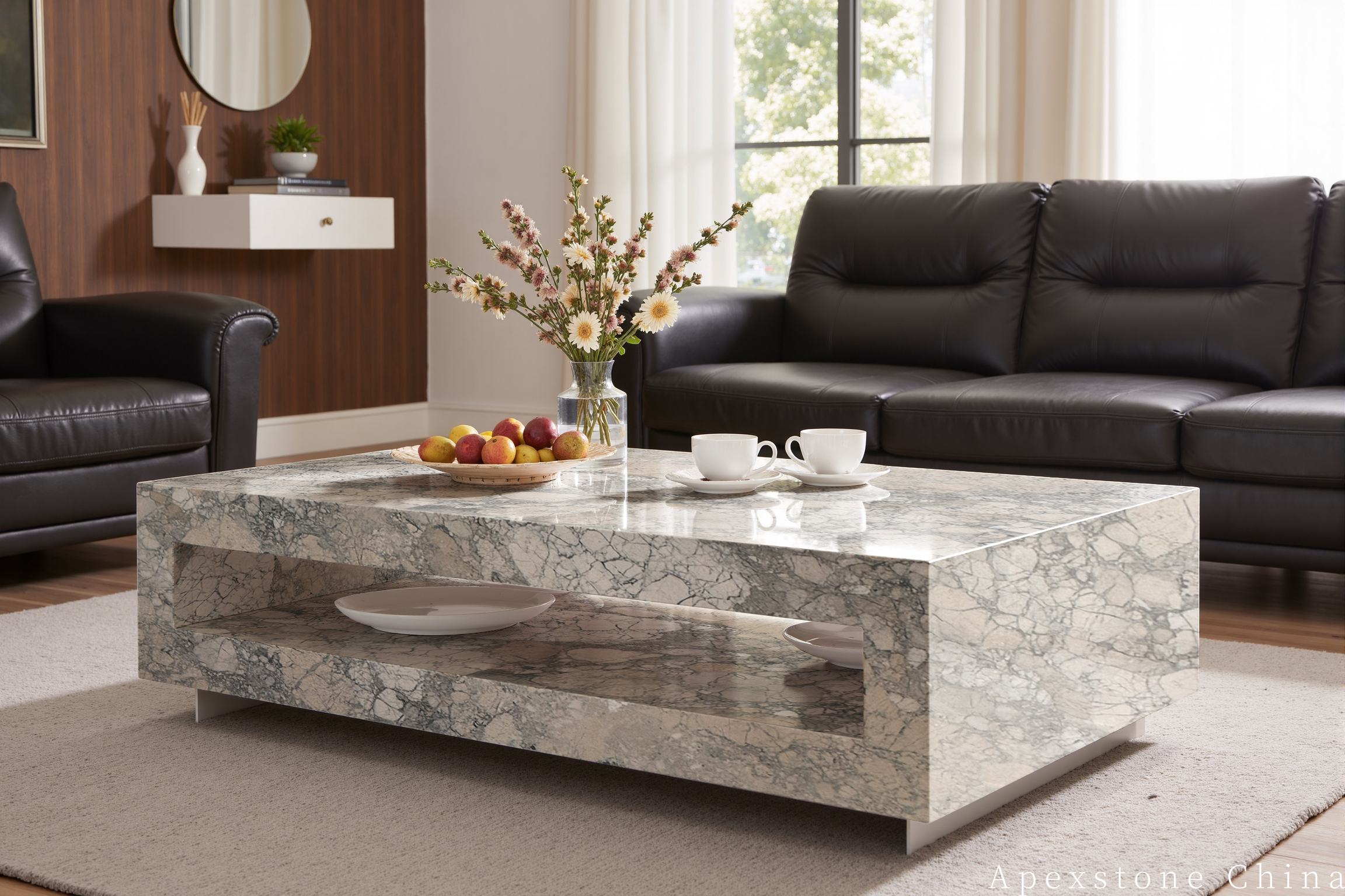 Block-style solid Monet Impression marble coffee table in a living room with dark leather sofa