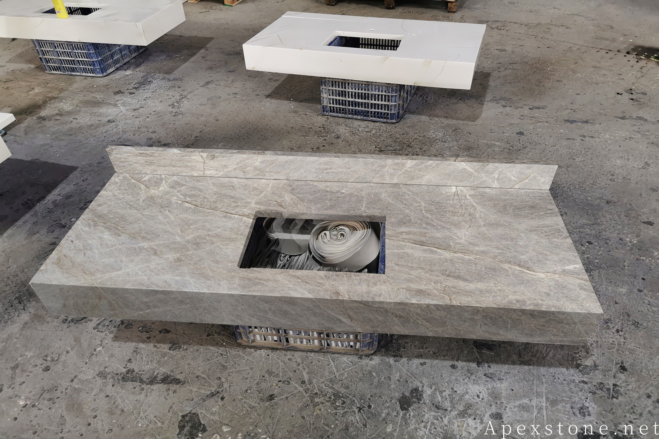 Taj Mahal Quartzite Vanity Tops - vanity tops and bath tops Taj Mahal quartzite full slabs, warm beige with golden veining
